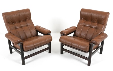 (2) DANISH BEECH & LEATHERETTE EASY CHAIRS, 1970'S