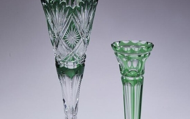 (2) Green and clear crystal trumpet vases