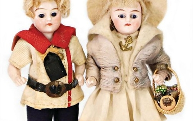 2 pieces, dollhouse dolls, all-bisque, 10 cm, fix head