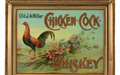 TIN SELF-FRAMED CHICKEN COCK WHISKEY SIGN.