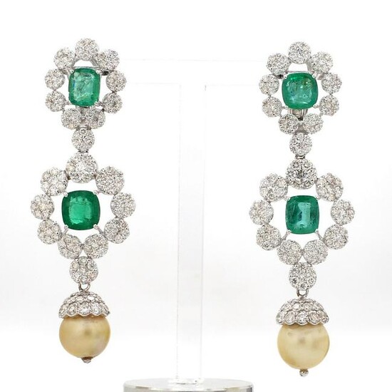 24.40 TCW SI/HI Diamond Pearl Emerald Dangle Earrings