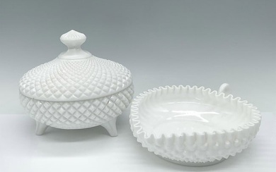2pc Fenton Milk Glass Dishes, Hobnail and Diamond Pattern