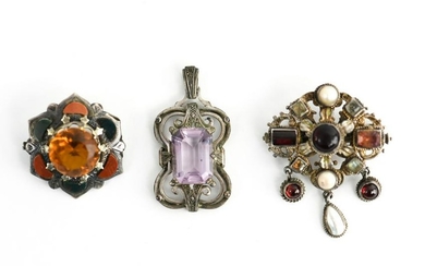 (3) ANTIQUE JEWELED SILVER BROOCHES
