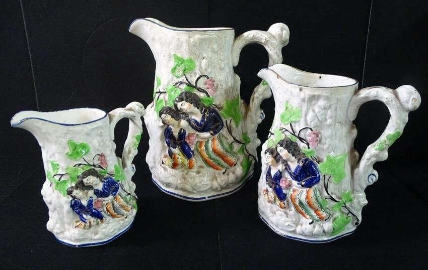 3 ANTIQUE STAFFORDSHIRE PITCHERS TALLEST IS 8 1/2"