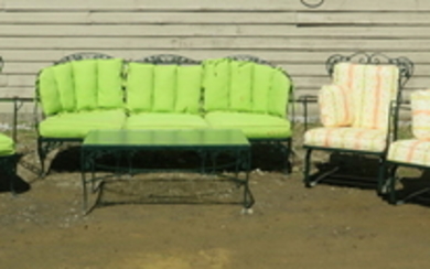 (11 PCS) GREEN STEEL AND IRON PATIO FURNITURE WITH IVY DETAIL, LOOSE CUSHIONS