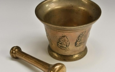A 17th century bronze mortar, the sides applied with