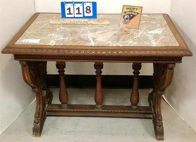 30'S CARVED WALNUT JACOBEAN STYLE MARBLE TOP COFFEE