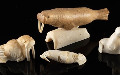 4 Inuit Ivory & Bone Walrus Figurine Carvings