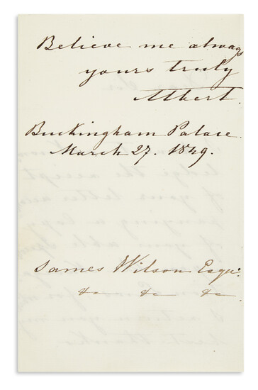ALBERT; PRINCE CONSORT OF VICTORIA OF ENGLAND. Autograph Letter Signed, "Albert," to founder...