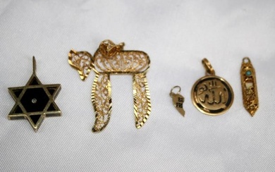 5 PIECES OF JUDAICAL 18K & 14K RELIGIOUS PENDENTS FROM ISRAEL