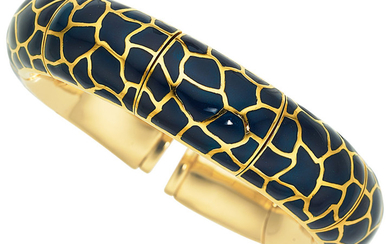 Enamel, Gold Bracelet The flexible cuff features navy...