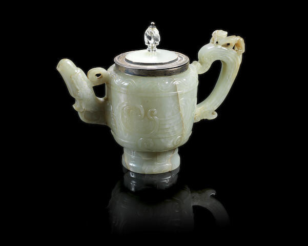 A green jade archaistic 'phoenix' tea pot