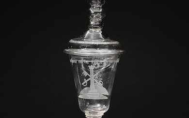 A Dutch or German engraved goblet and cover, circa 1740