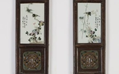 (2) Chinese porcelain plaque panels w/birds & flowers