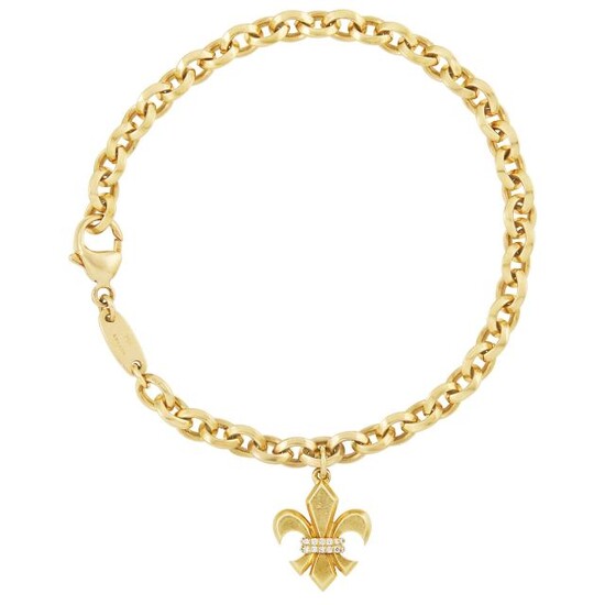 Gold Link Bracelet with a Gold and Diamond Fleur-De-Lys Charm, Lugano
