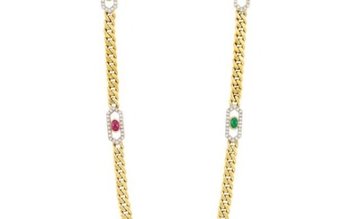 Long Gold, Diamond and Cabochon Colored Stone Curb Link Necklace