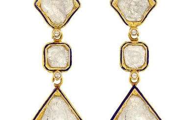 Pair of Indian Gold, Foiled-Back Diamond, Enamel, and Jaipur Enamel Pendant-Earrings