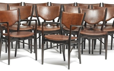 Finn Juhl: “BO 63” and “BO 72”. A set of 12 stained beech dining chairs, consisting of ten chairs and a pair of armchairs. (12)