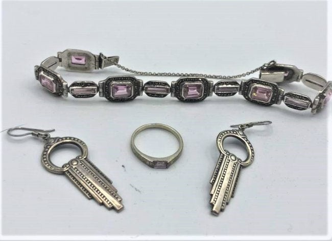 .925 Sterling Silver Art Deco Bracelet, Earrings, Ring