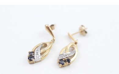 9ct gold vintage sapphire & diamond drop earrings with scrol...