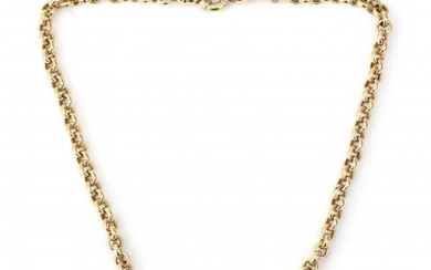 A 14 karat gold link necklace. Featuring a two tone gold spring clasp. Provenance: Italy. Gross weight: ca. 14 g.