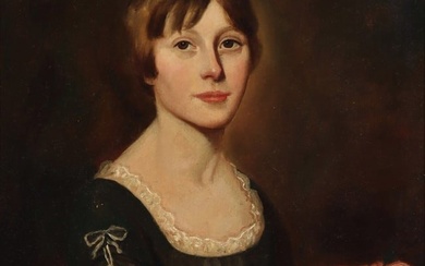 A 19TH C. AMERICAN SCHOOL PORTRAIT OF WOMAN WITH ROSE