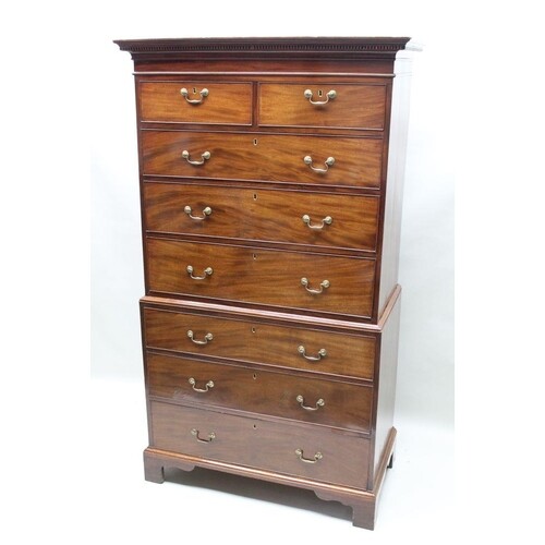 A 19TH CENTURY MAHOGANY CHEST ON CHEST the upper section hav...