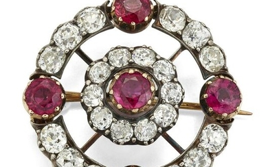 A 19TH CENTURY RUBY AND DIAMOND BROOCH, the round