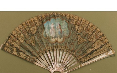 A 19th century French mother of pearl and silk fan, painted ...