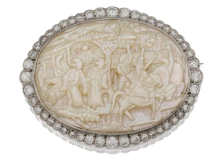 A 20th century mother of pearl and diamond brooch, the oval mother-of-pearl plaque carved to depict a Chinese procession against a traditional Chinese background, within brilliant-cut diamond border, approx. width 4.5cm