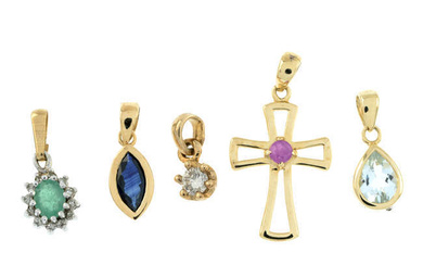 A 9ct gold brilliant-cut diamond single-stone pendant, together with four gold gem-set pendants.