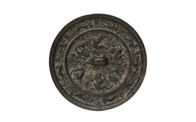 A CHINESE BRONZE 'LIONS AND GRAPES' MIRROR 清十九世紀 獅子葡萄紋銅鏡