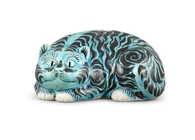 *A CHINESE EXPORT PORCELAIN TURQUOISE AND BLACK CAT...