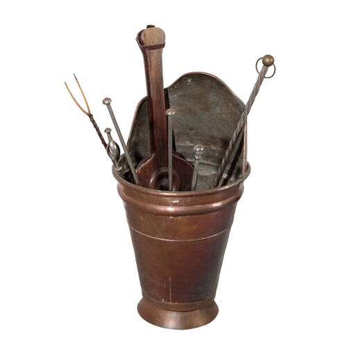 A COPPER COAL BUCKET WITH FIRE IRONS and other items, 86cm h...