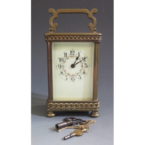 A Cased 19th Century Gilt Brass Carriage Clock with floral d...