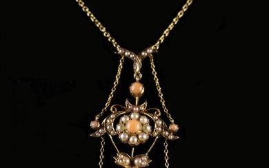 A Charming Victorian/Edwardian Pearl and Coral Pendant with gold coloured necklace. The finely made