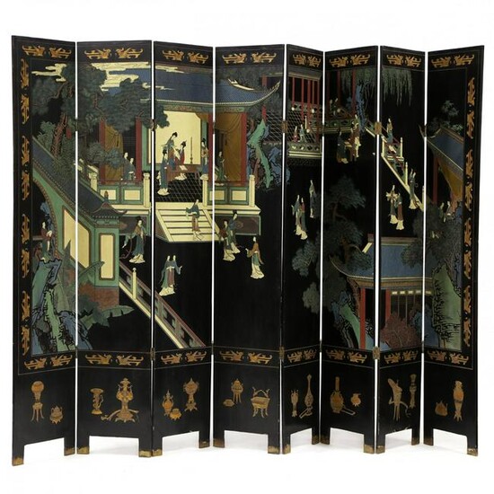 A Chinese Eight Panel Carved and Painted Floor Screen