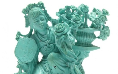 A Chinese Turquoise Carving of Lady with Flower Basket
