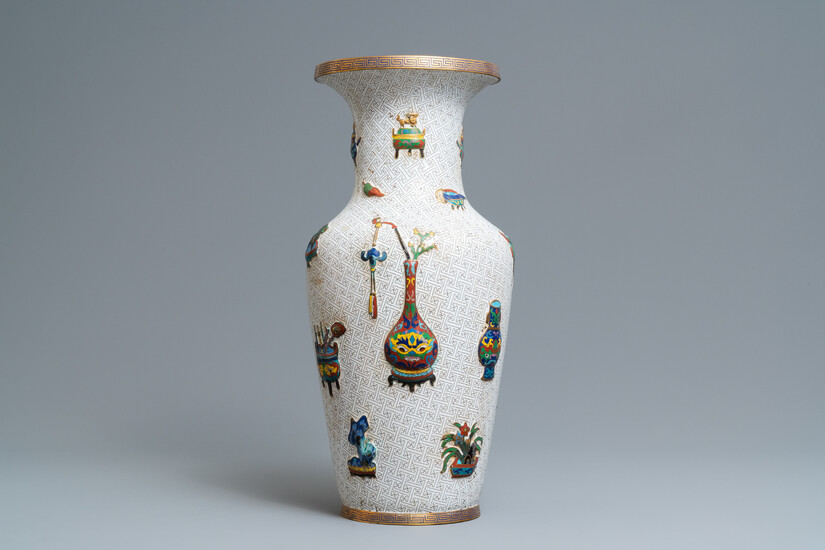 A Chinese cloisonné vase with applied design of antiquities, 19th C.