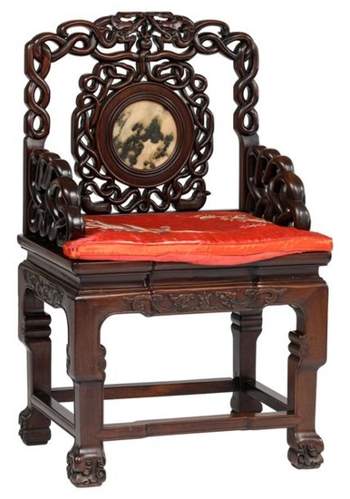 A Chinese exotic hardwood chair with a marble drea…