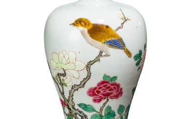 A Chinese family rose Meiping vase with bird and flowers, probably Yongzheng period En porcelaine....