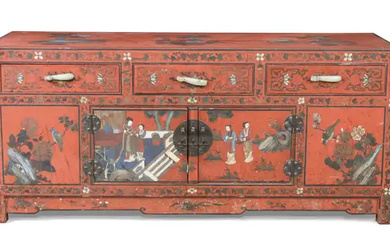A Chinese lacquer low cabinet with three jade belt hook handles, Late...