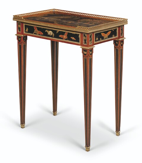 A FRENCH ORMOLU-MOUNTED CHINESE BLACK AND GILT LACQUER AND MAHOGANY OCCASIONAL TABLE