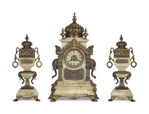 A FRENCH ORMOLU, PATINATED-BRONZE AND ONYX THREE-PIECE CLOCK GARNITURE, RETAILED BY BAILEY, BANKS & BIDDLE, PHILADELPHIA, LATE 19TH CENTURY