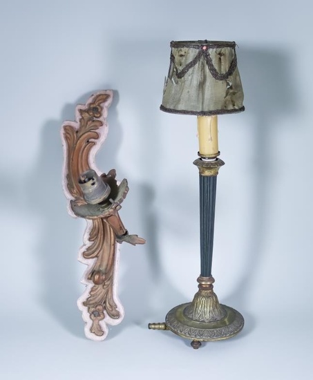 A French Cast Brass Pillar Gas Lamp with Silk...
