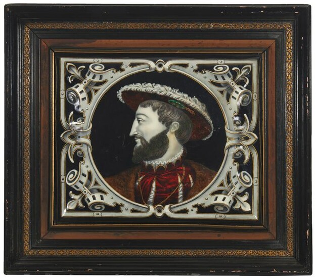 A French Limoges-style framed enamel portrait of