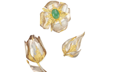 A GROUP OF SILVER, GOLD AND JADE BROOCHES