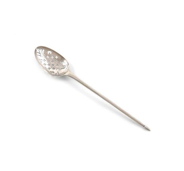 A George III silver mote spoon, maker~s mark R.C twice, the oval bowl pierced with mullets and scroll motifs, length 13.5cm, approx. weight 0.2oz.