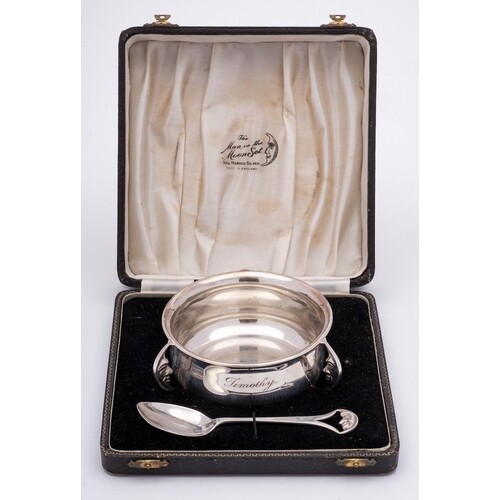 A George VI silver christening bowl and spoon, maker Lanson ...