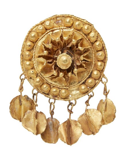 A Greco-Scythian gold earlobe element, Central Asia, 3rd century BC, of box construction, with six hanging roundel elements, 4.5 cm. diam. 32 grams Provenance: Private Collection Oliver Hoare (1945-2018) Published: Every Object Tells a Story, 4 May...